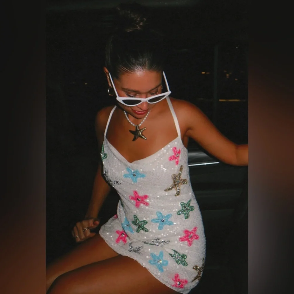 NWT Show Me Your MuMu White Sequin Multi-Color Star Spaghetti Strap Slip Dress - Picture 16 of 16